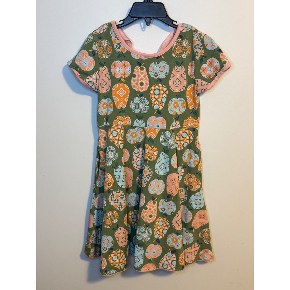 Matilda Jane Girls Green Apple Pear Mosaic Print Dress Pink Back Bow Size 6